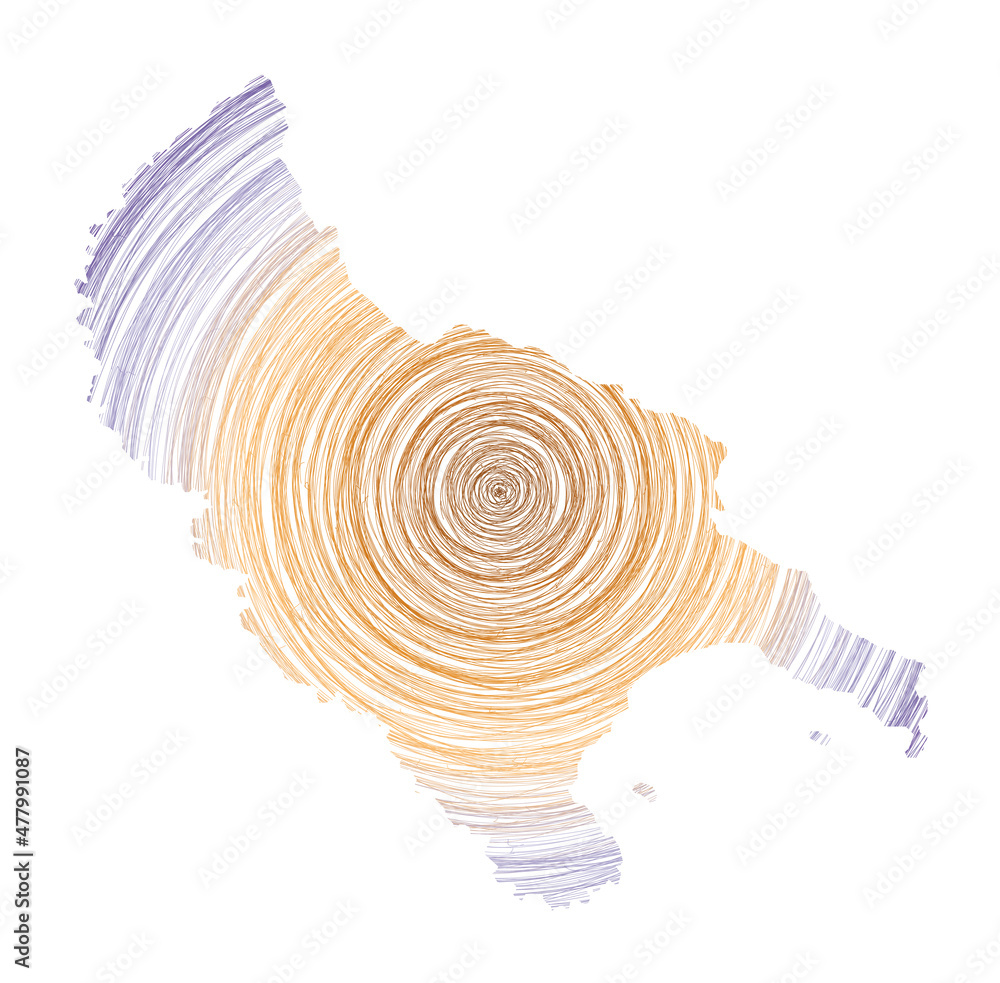Poster zakynthos island map filled with concentric circles. sketch-style circles in the shape of the island