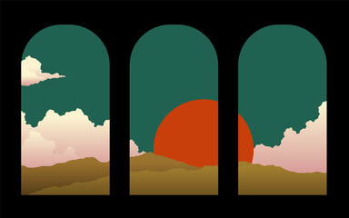 Paysage de colline et de montagne avec nuage et grand soleil, vue depuis les fenêtres en arc, teinte pastel brun vert et orange couleur illustration
