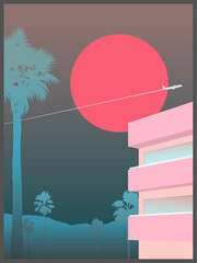 Space bon voyage motel in palm springs illustration, pink hotel, palm tree and big sunset with airplane in sky, light dark pastel print template summer vacation vibe