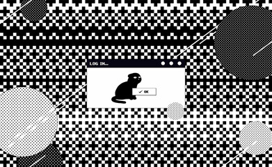 Computer desktop windows glitch dither and message box with black cat and half tone circle elements, digital data concept illustration background, mono black and white print template design