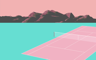 Remote tennis court in island and hill landscape, flat pastel pink and turquoise illustration