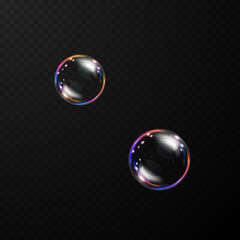 Soap bubbles foamy realistic. water bubbles with rainbow reflections in an isolated transparent background