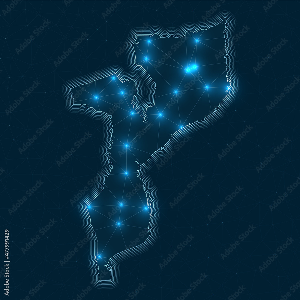 Poster mozambique network map. abstract geometric map of the country. digital connections and telecommunica