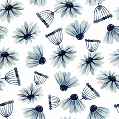 Blue daisy watercolor seamless pattern 
