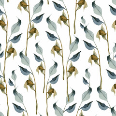 Dry branches with blue and yellow leaves watercolor seamless pattern 