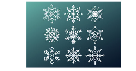 Collection of vector different hand drawn white decorative snowflakes. Festive, winter decor elements on a blue gradient background.