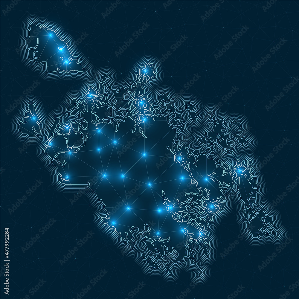 Poster cat ba island network map. abstract geometric map of the island. digital connections and telecommuni