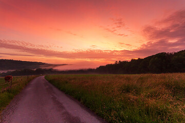 Sonnenuntergang mit Nebel über der Wiese