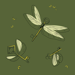 Naklejka premium Vintage elegant illustration with flying keys. Vector in vintage style. Magic flying keys, dragonflies and butterflies
