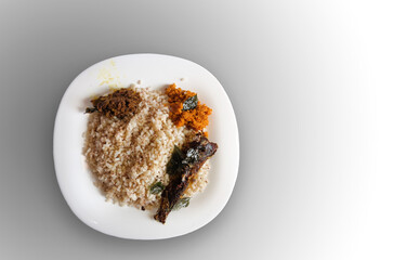 Kerala Style Lunch In White Background. Matta Rice, Chutney And Sardine Fish Fry. Selective Focus
