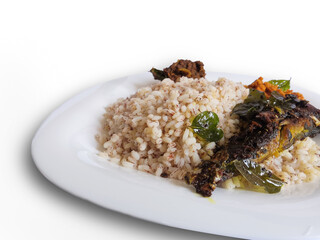 Kerala Style Lunch In White Background. Matta Rice, Chutney And Sardine Fish Fry. Selective Focus