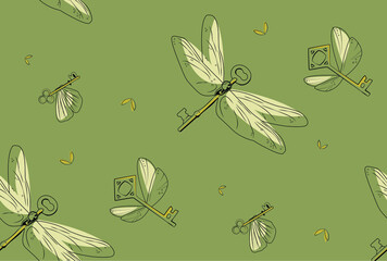 Obraz premium Vintage magic pattern with flying keys and butterflies. Vector seamless pattern in retro style. Magic flying keys, dragonflies and moths