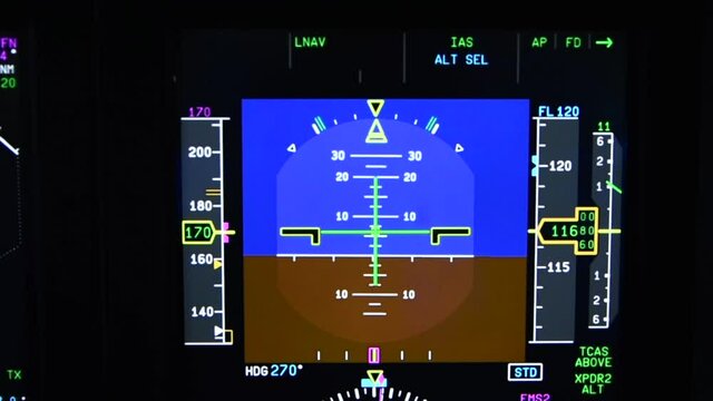 Dashboard of a commercial passenger plane. Information for pilots on altitude and speed. Primary Flight Display