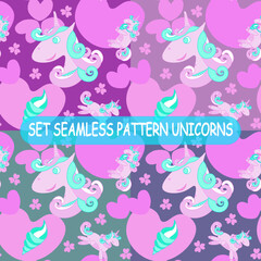 Seamless set unicorn pattern. Cheerful eats ice cream,smiles, jumps. On a dark blue, purple, gray
 background, for children and use in  didgital,textile, paper, plastic production.
