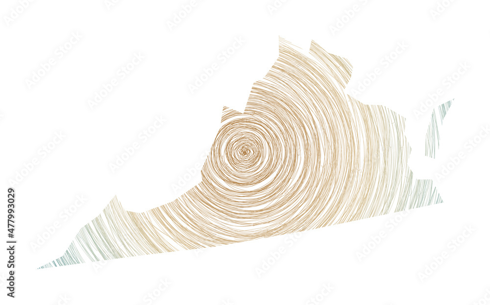 Poster virginia map filled with concentric circles. sketch-style circles in the shape of the us state. vect