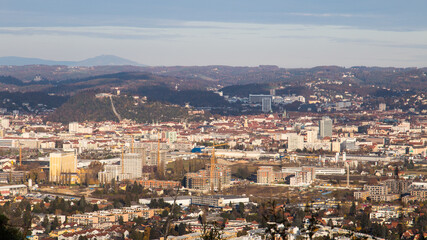 Fototapeta na wymiar Aerial view over the city of Graz in Austria with the new quarter Reininghaus in the foreground