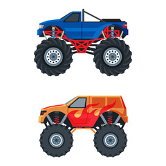 Fototapeta na wymiar Monster Truck with Four-wheel Steering and Oversized Tires for Competition and Entertainment Vector Set