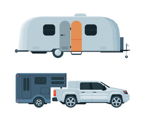 Caravan or Travel Trailer as Towed Behind Road Vehicle Side View Vector Set