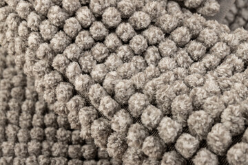Gray chenille soft bath mat texture background. Bath Accessories. Top view.