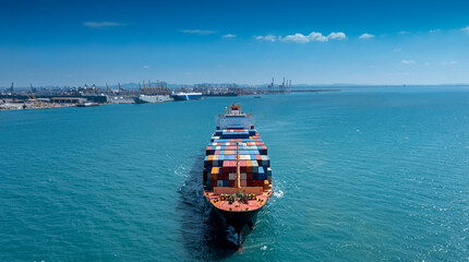 Aerial in front of cargo ship carrying container and running for export  goods  from  cargo yard...