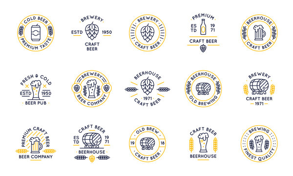 Collection of craft beer, pub and brewery logos, badges, labels. Set of 15 icons with beer-related attributes hop, beer bottle, can, glass of beer and wooden cask. Vector illustration
