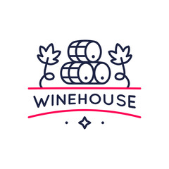 Winehouse logo, icon. Wooden wine cask or barrel with grape leaves designed for vineyards, wineries, wine shops and stores. Vector illustration