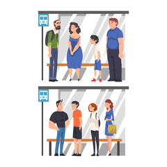 People Character Standing at Bus Stop Waiting for Public Transport Vector Set