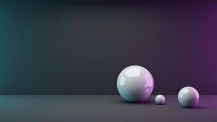 3D rendering of three different sized shiny white spheres in the front right image area, which are illuminated turquoise, pink and white from three directions in front of a black background