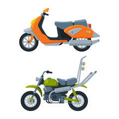 Motorcycle or Motorbike and Scooter as Two-wheeled Motor Vehicle Side View Vector Set