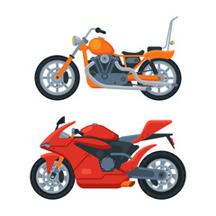 Fototapeta na wymiar Motorcycle or Motorbike Type as Two-wheeled Motor Vehicle Side View Vector Set