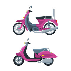Motorcycle or Scooter Type as Two-wheeled Motor Vehicle Side View Vector Set