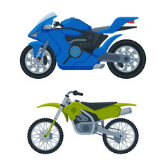 Obraz premium Motorcycle or Motorbike Type as Two-wheeled Motor Vehicle Side View Vector Set