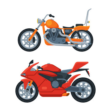 Motorcycle or Motorbike Type as Two-wheeled Motor Vehicle Side View Vector Set