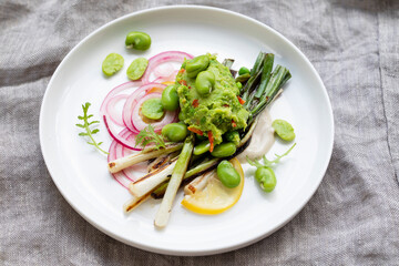 Grilled spring onions with tahini sauce, broad beans salasa and pickled onions