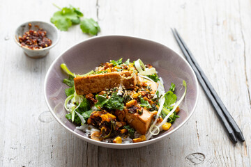 Fried tofu, rice, spicy sweet corn and kale salsa with xo sauce