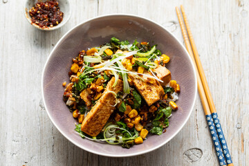Fried tofu, rice, spicy sweet corn and kale salsa with xo sauce
