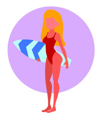 A pretty girl stands with a surfing board.
Flat illustration.