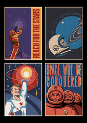 Fototapeta na wymiar Retro Futurism Space Propaganda Posters, Cosmonauts and Astronauts, Planets and Stars