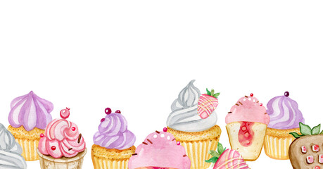 Watercolor food illustration sweets cakes muffins horizontal banner