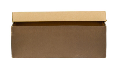 Brown cardboard shoes box with lid for shoe or sneaker product packaging mockup, isolated on white background with clipping path.  Front view.