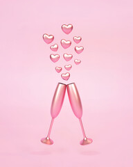 Cheers for love with rose gold matte champagne glasses. Happy Valentine's Day or wedding, date does not matter. Pastel pink background.