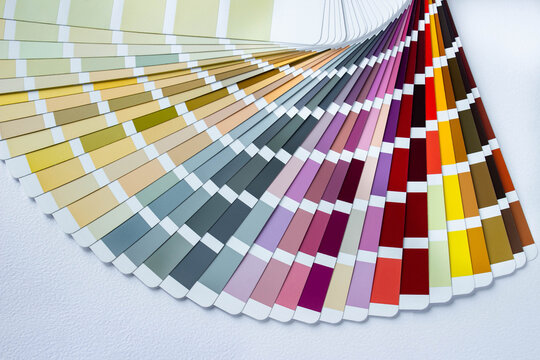 Color guide displaying a range of hues for use in interior design and decoration. Colorful color guide with palette of paint samples on white background with copy space. Palette of samples RAW WCP