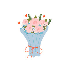Romantic bouquet of pink peonies in light blue paper. Flowers, hearts. February 14. Vector cute illustration for postcard or poster. Valentine's day. 