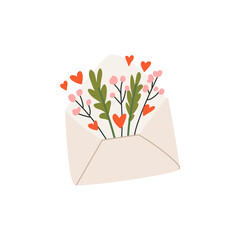 Cute vector illustration of envelope, spring flowers bouquet and hearts. Valentine's day. Romantic love message concept