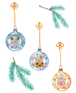 Christmas balls and funny animals