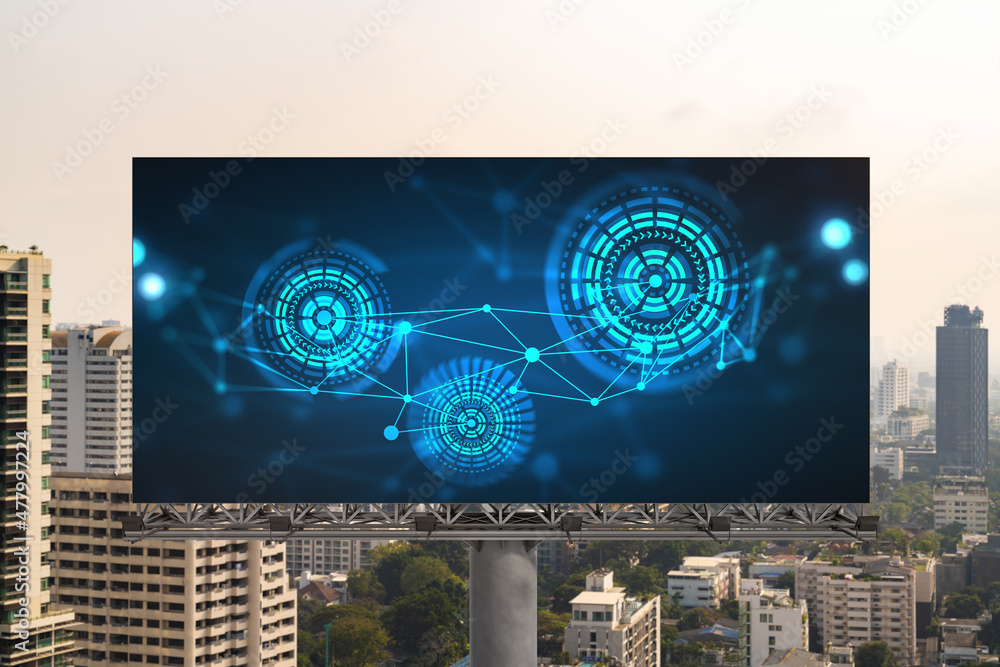 Poster technology hologram on billboard over panorama city view of bangkok. the largest tech hub in southea