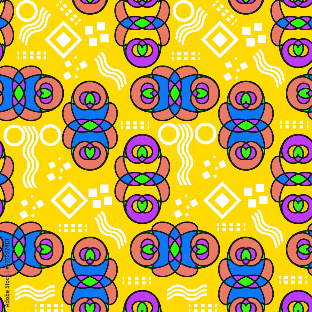 Poster seamless pattern with multi-colored ethnic ornament and various white elements on a yellow backgroun