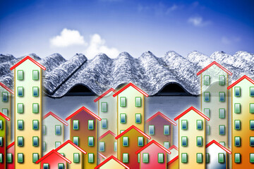 Dangerous asbestos roof detail with colored homes in foreground - concept image