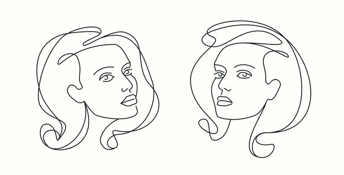 Young woman or girl portrait face. Female beauty concept in linear style