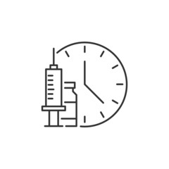 Syringe with vaccine and clock line icon. Editable stroke